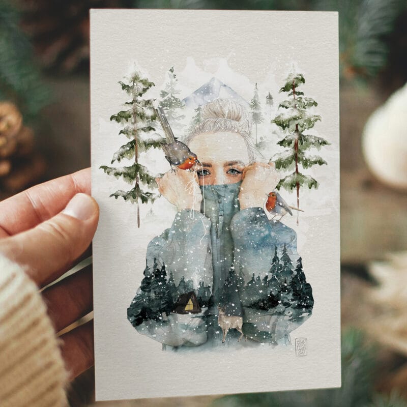 Création artistique unique portrait numérique, carte des fêtes, carte d'hiver, carte de Noël